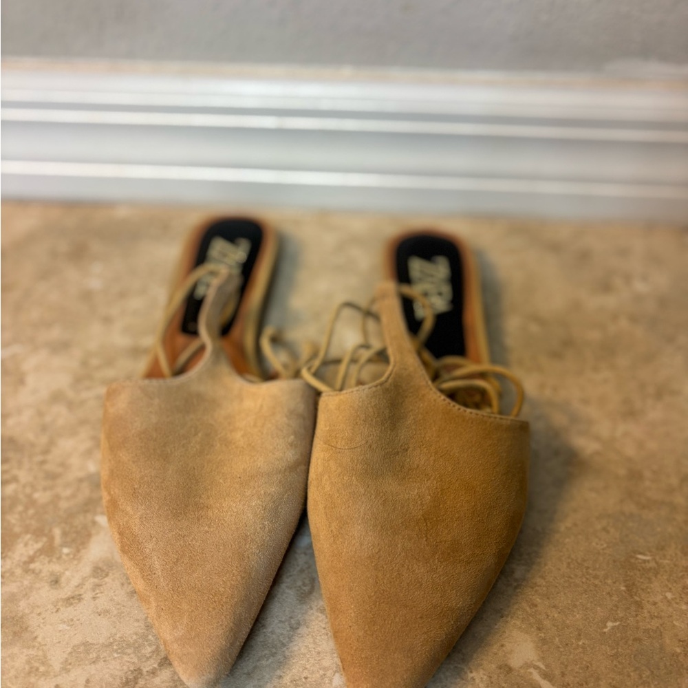 Zara Tan Pointed Toe Flats with Ankle Wrap - Picture 7 of 9